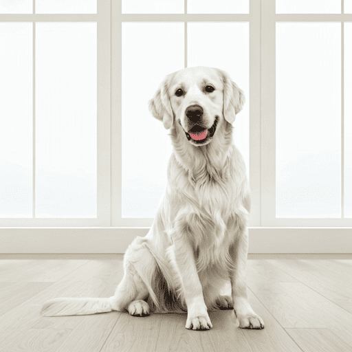 premium white golden retriever sitting elegantly in a bright, modern minimalist living space with soft natural lighting