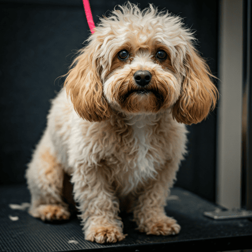 a scruffy, overgrown poodle mix before grooming session in dim indoor lighting